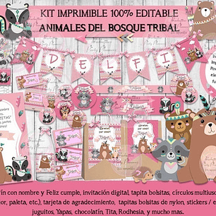 Kit Imprimible Animales Del Bosque Tribal Rosa 100% Editable