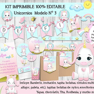 Kit Imprimible Candy Bar Unicornio Modelo 3 100% Editable