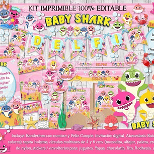 Kit Imprimible Candy Bar Baby Shark Rosa 100% Editable