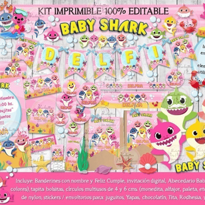 Kit Imprimible Candy Bar Baby Shark Rosa 100% Editable 1