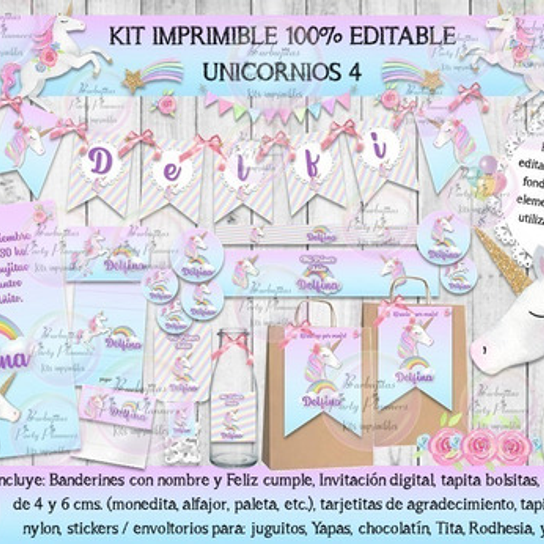 Kit Imprimible Unicornio Unicornios Pastel 4 - 100% Editable 1