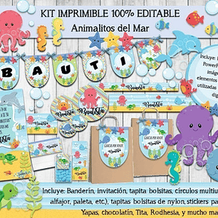 Kit Imprimible Candy Bar Animales De Mar 100% Editable