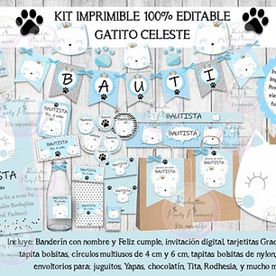 Kit Imprimible Candy Bar Gato Gatito Celeste 100% Editable