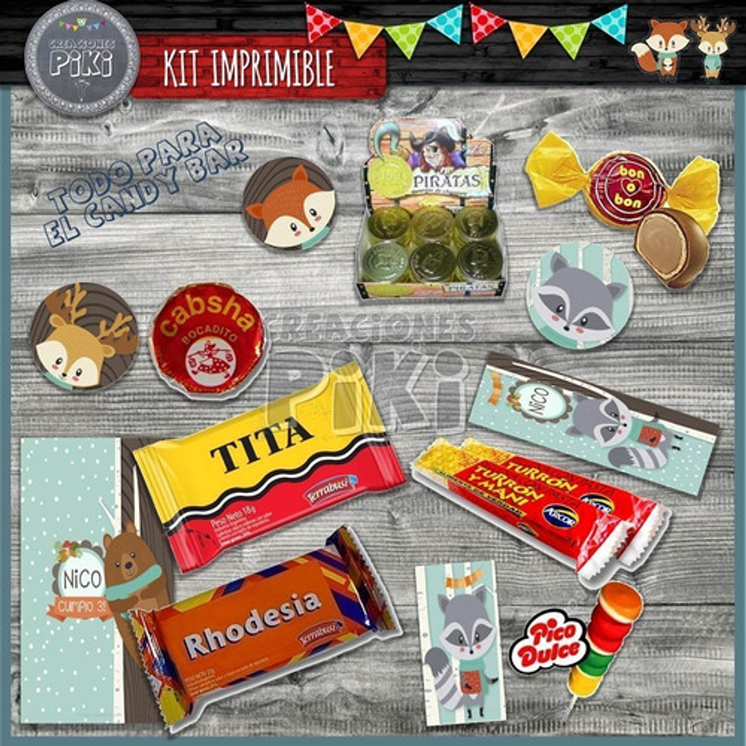 Kit Imprimible Candy Bar Animales Zorro Oso Mapache 8