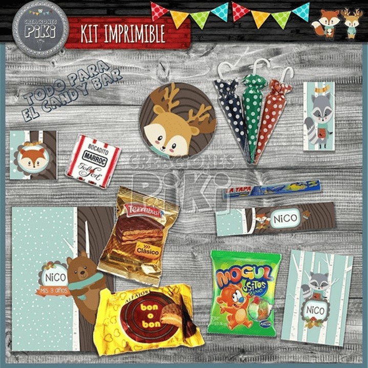 Kit Imprimible Candy Bar Animales Zorro Oso Mapache 9