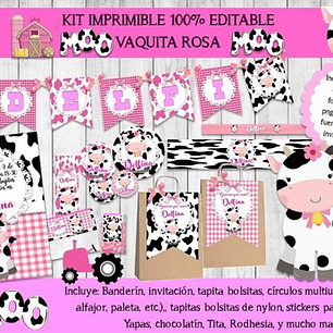 Kit Imprimible Candy Bar Vaca Vaquita Rosa 100% Editable