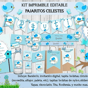 Kit Imprimible Candy Bar Pajaritos Celestes 100% Editable