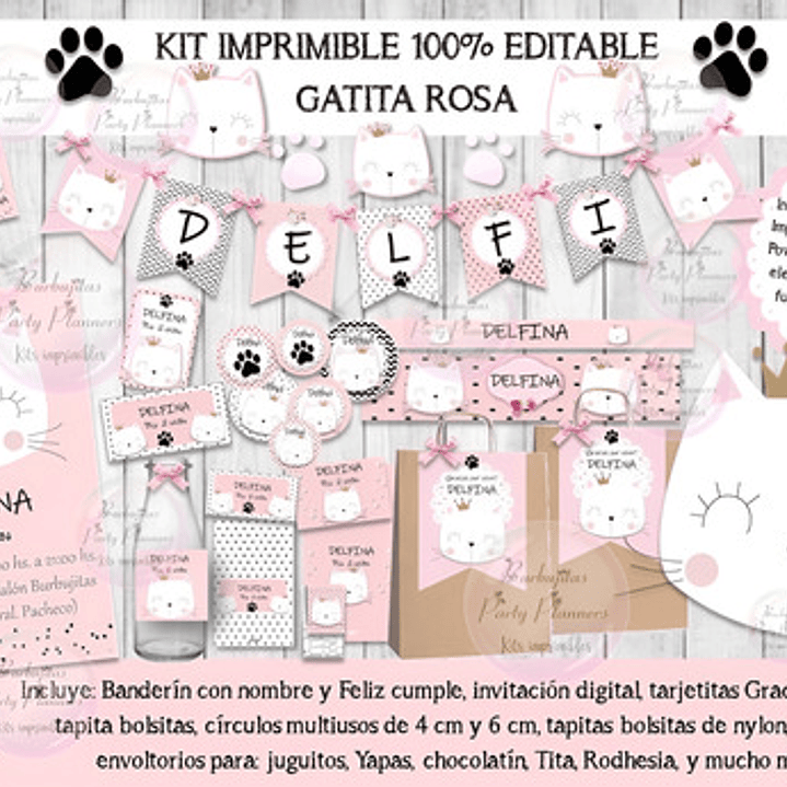 Kit Imprimible Candy Bar Gata Gatita Rosa 100% Editable 1