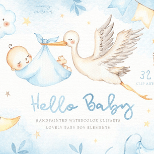 Cliparts Imagenes Png Cigüeña Y Bebe Varón Acuarela Es7