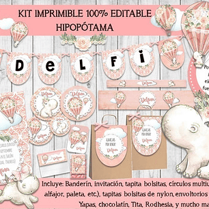 Kit Imprimible Hipopótama Shabby Chic Mod. 1 - 100% Editable