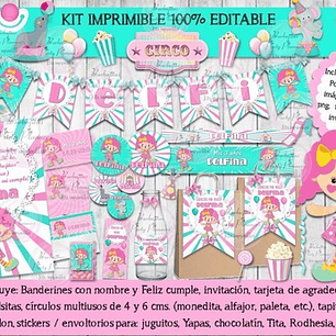 Kit Imprimible Candy Bar Circo Rosa Payasa 100% Editable