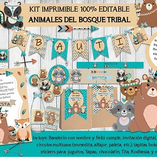 Kit Imprimible Animales Del Bosque Tribal 100% Editable