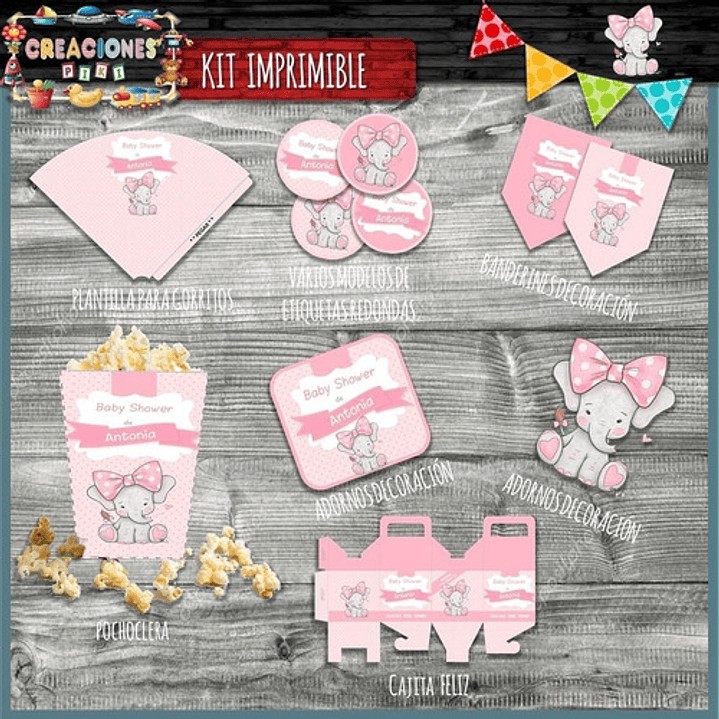 Kit Imprimible Candy Bar Baby Shower Elefante Bebe Nena Full 5