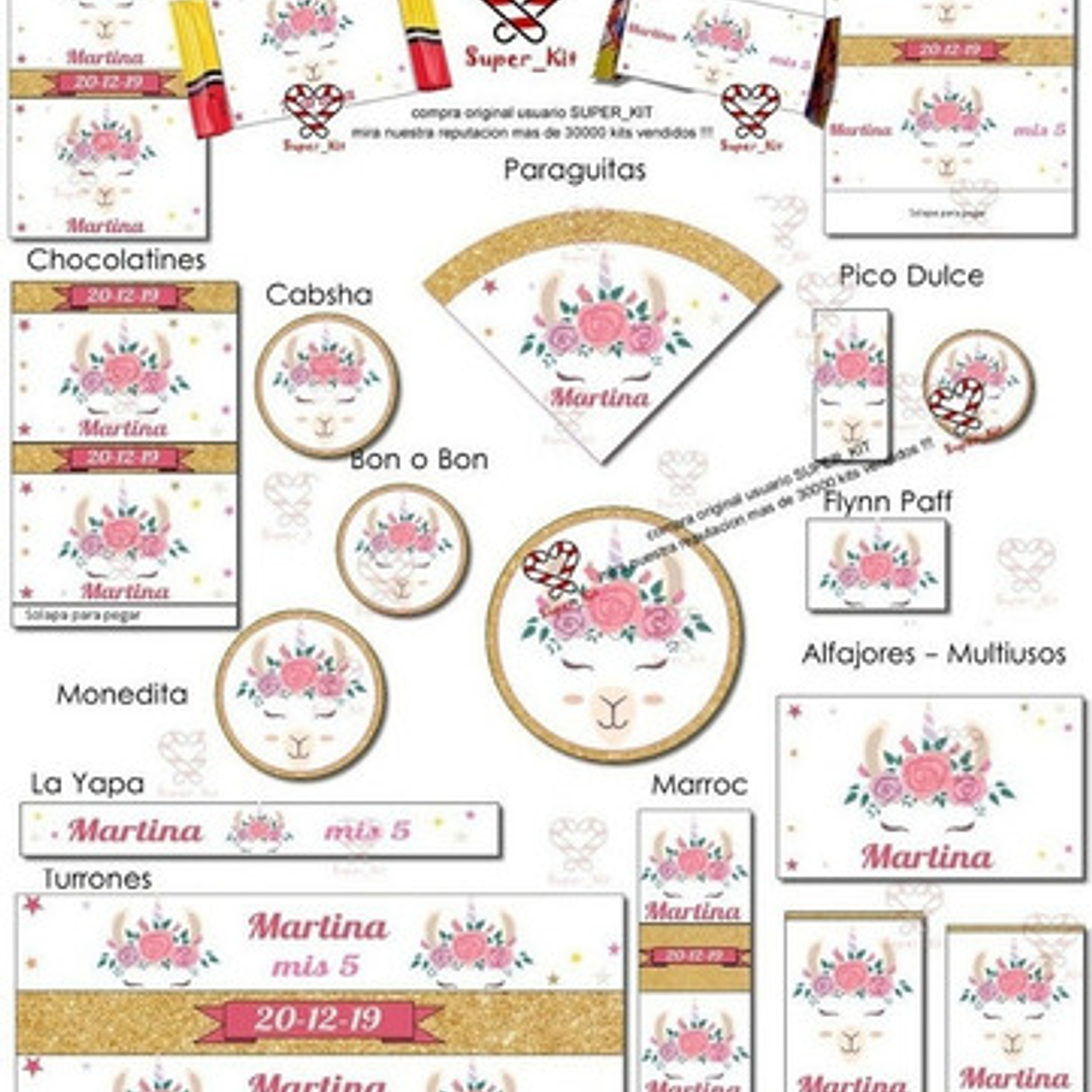 Kit Imprimible Llama Dorada Editable 3