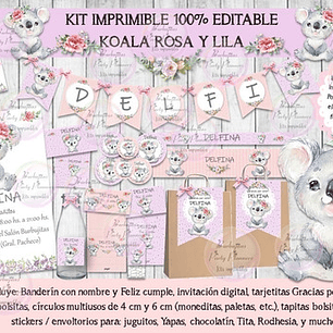 Kit Imprimible Candy Bar Koala Rosa Y Lila 100% Editable
