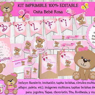 Kit Imprimible Candy Bar Osa Osita Bebé Rosa 100% Editable