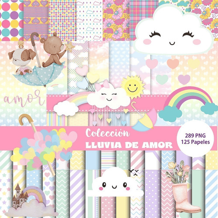 Colección Lluvia De Amor Clipart Png + Papeles Digitales 1