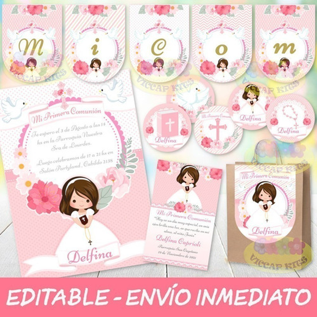 Kit Imprimible Comunión Nena Rosa 100% Editable Candy Bar 1