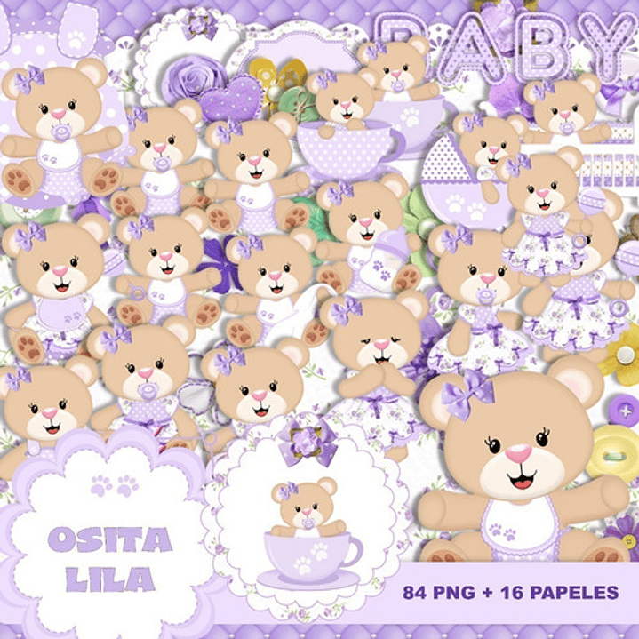 Kit Osita Bebé Lila Clipart Png Y Papeles Digitales Fondos 3