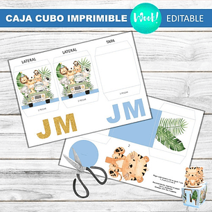 Kit Imprimible Caja Cubo Safari Celeste Editable