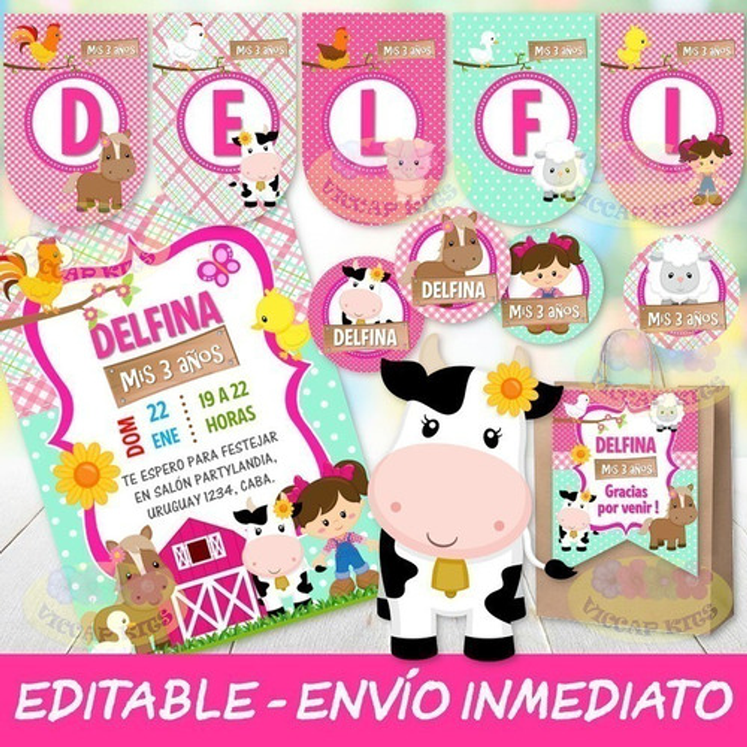 Kit Imprimible Animales De La Granja Nena Candy Bar Editable 3