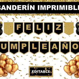 Kit Imprimible Banderín Feliz Cumpleaños Dorado Y Negro