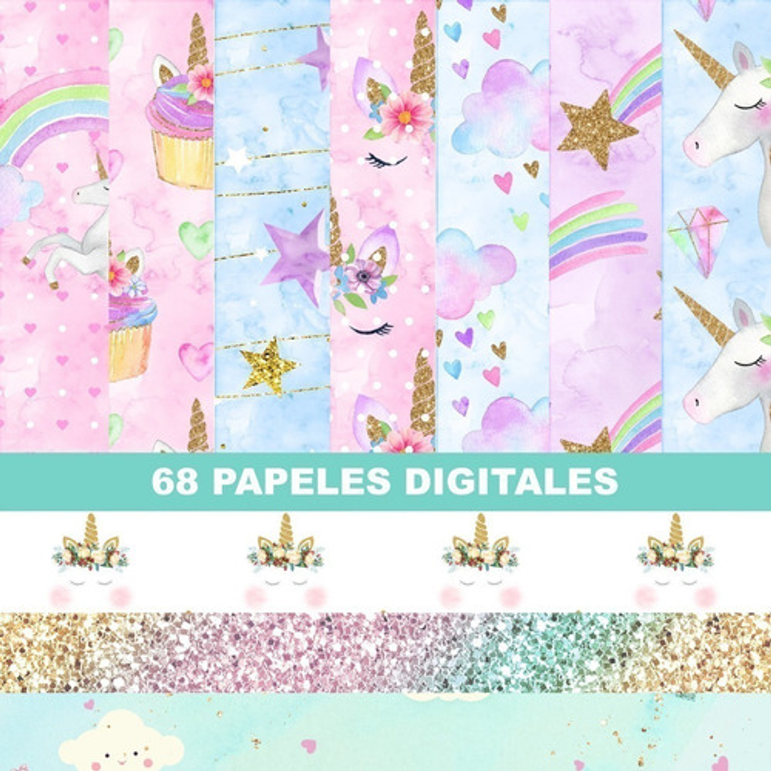 Kit Colección Cliparts Png + Papeles Unicornios 4