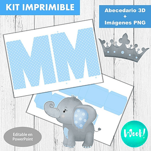 Kit Imprimible Letras 3d Editables Elefante Bebé Celeste