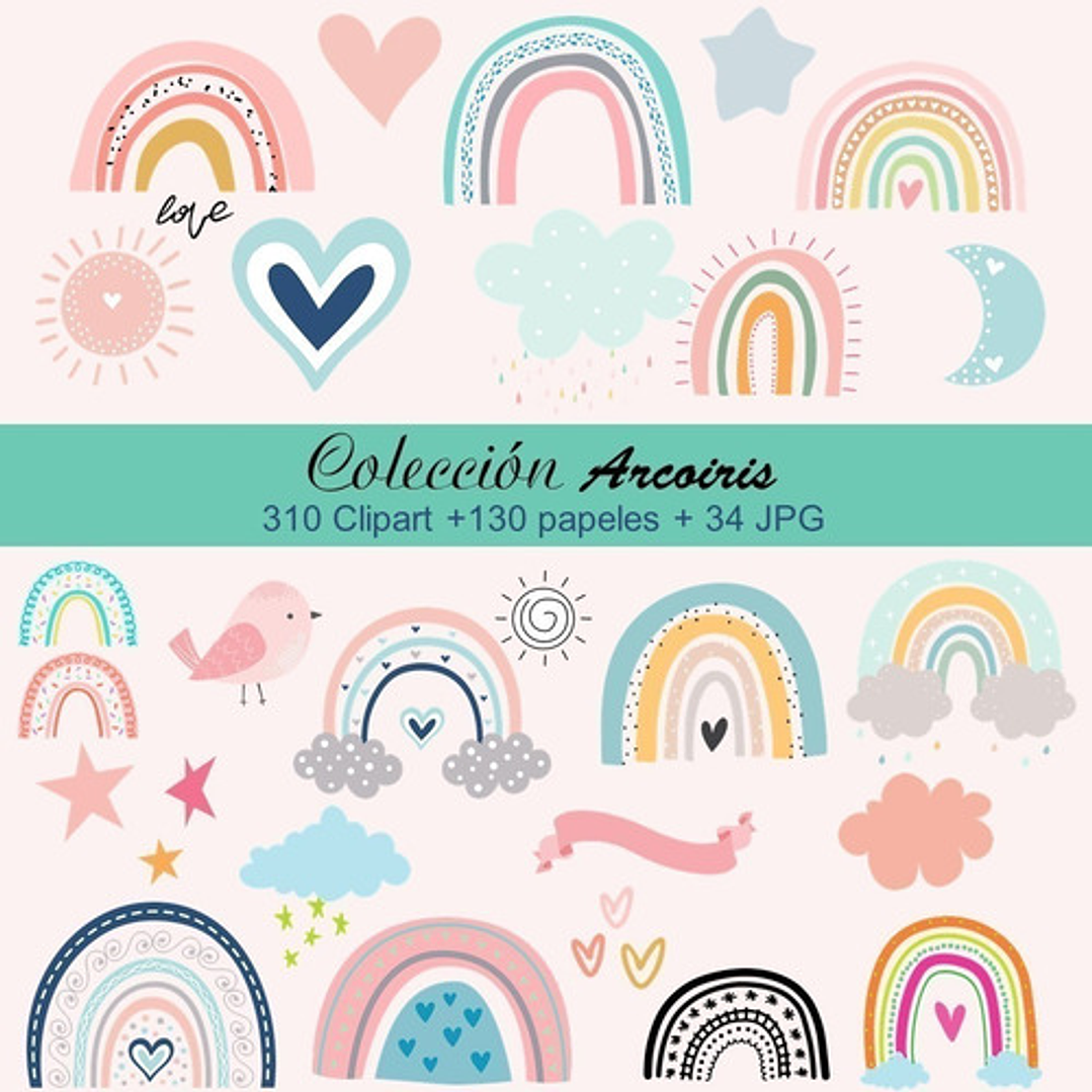 Kit Arco Iris Colección Cliparts + Papeles Arcoíris Nórdico  3