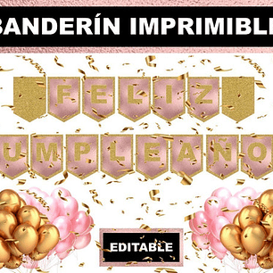 Kit Imprimible Banderín Feliz Cumpleaños Dorado Y Rosa