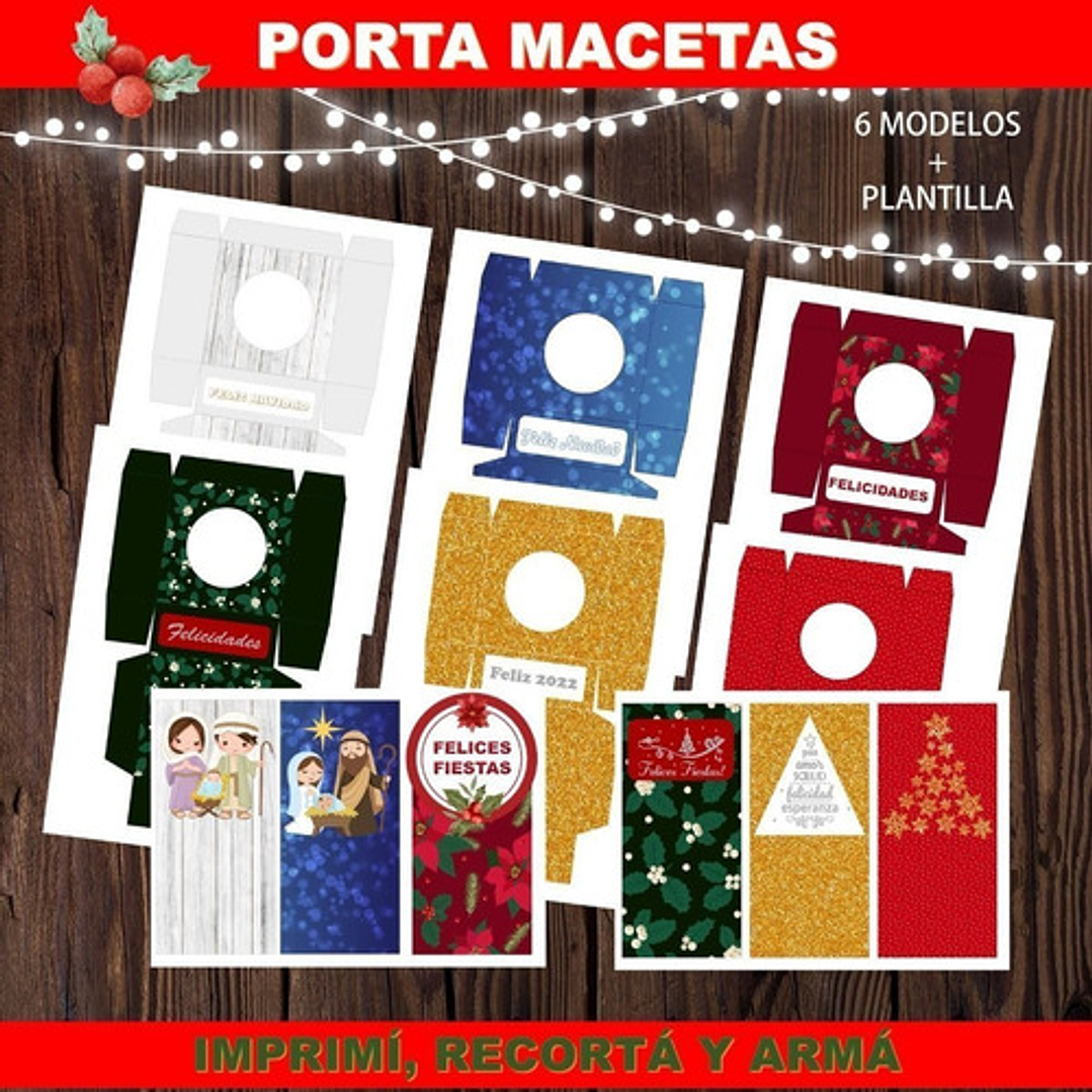 Kit Imprimible X6 Portamaceta Felices Fiestas Editable +  2
