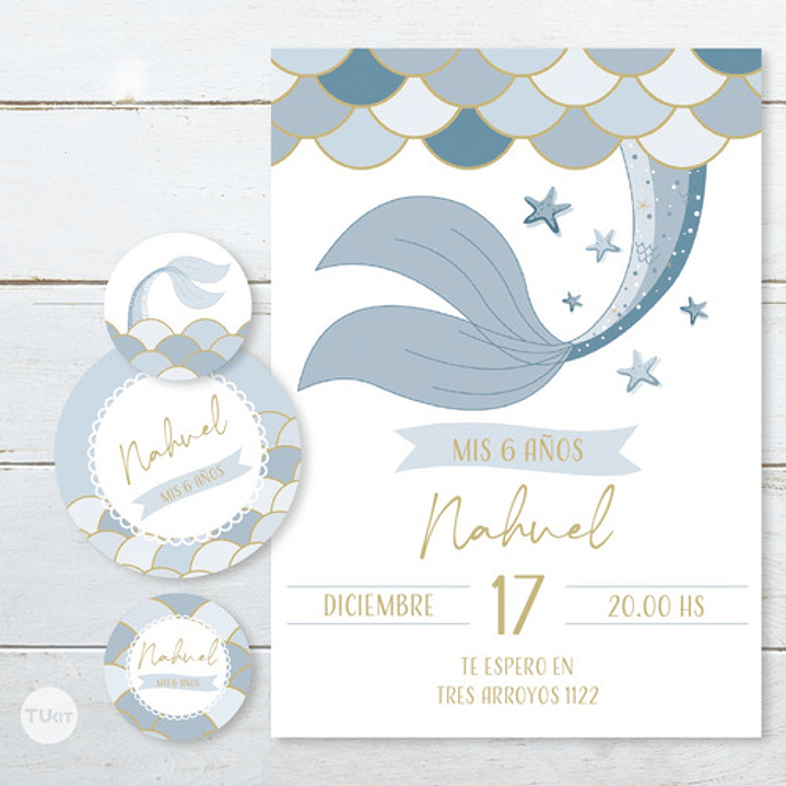 Kit Imprimible Sirenas Escamas Mermaid Celeste Azul Tukit 4