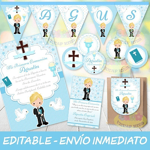 Kit Imprimible Comunión Nene Celeste 100% Editable Candy Bar