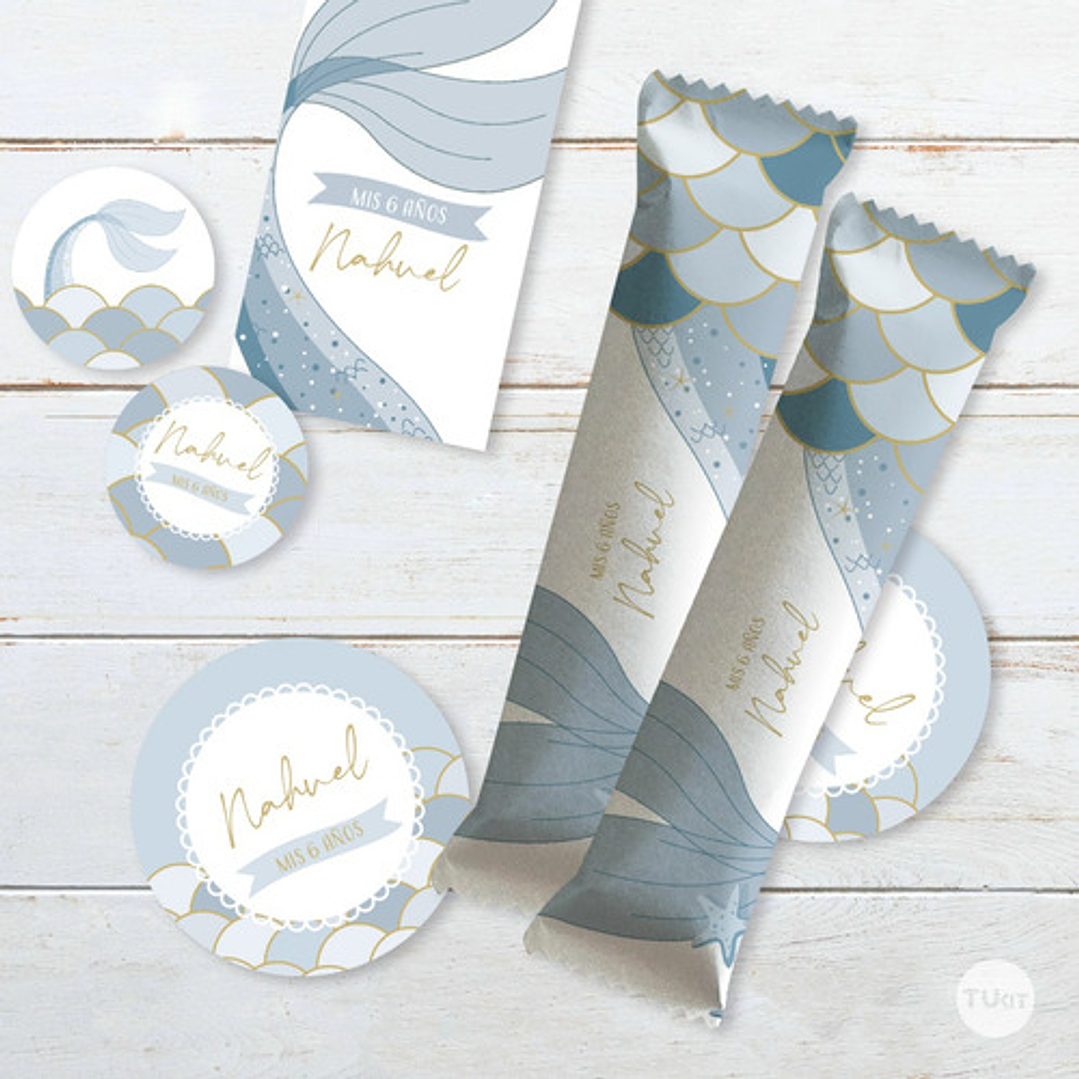Kit Imprimible Sirenas Escamas Mermaid Celeste Azul Tukit 6
