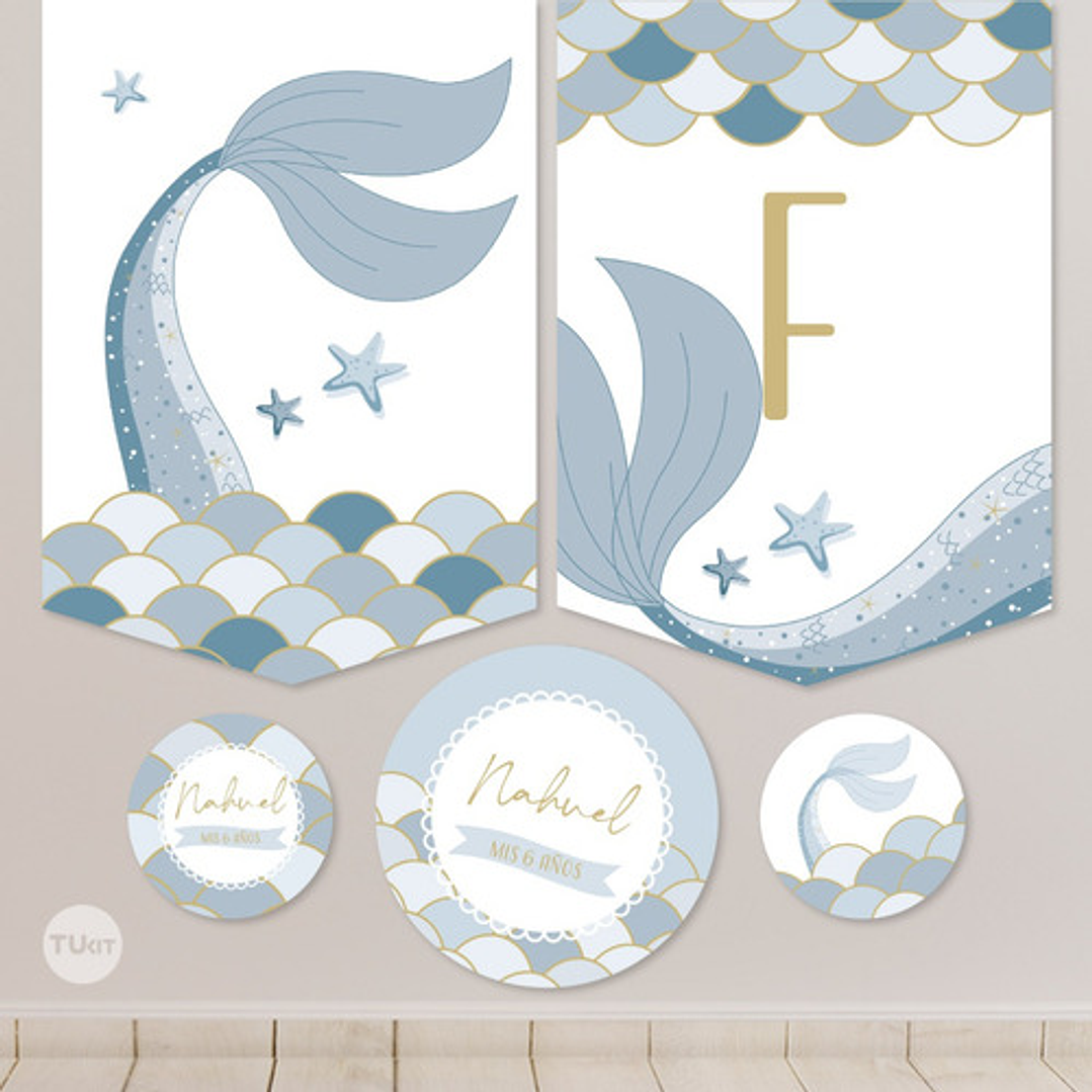 Kit Imprimible Sirenas Escamas Mermaid Celeste Azul Tukit 8