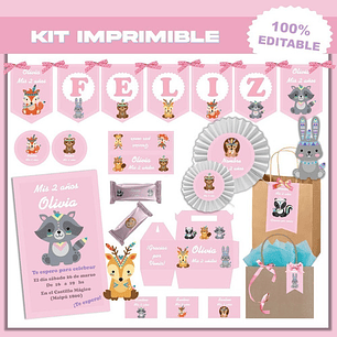 Kit Imprimible Animalitos Nórdicos Rosa Candy Bar Editable