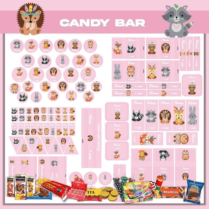 Kit Imprimible Animalitos Nórdicos Rosa Candy Bar Editable 3