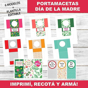 Kit Imprimible X6 Portamaceta Día De La Madre Editable +