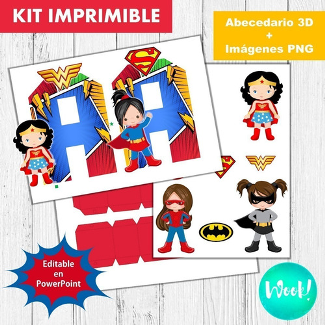 Kit Imprimible Letras 3d Superhéroes Nenas Editable Y  2