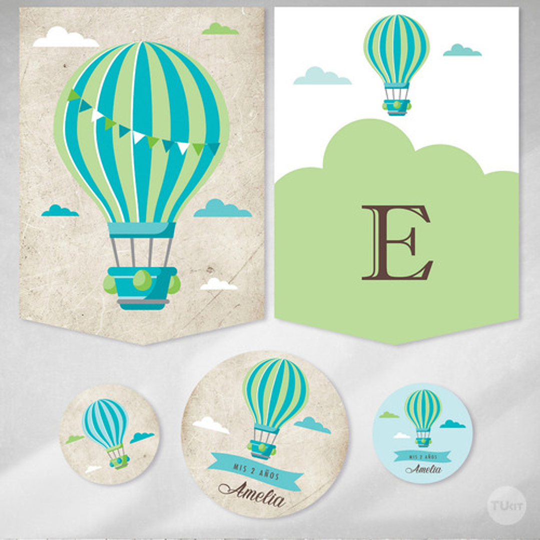 Kit Imprimible Globo Aerostatico Vintage Verde Candy Bar Tuk 5
