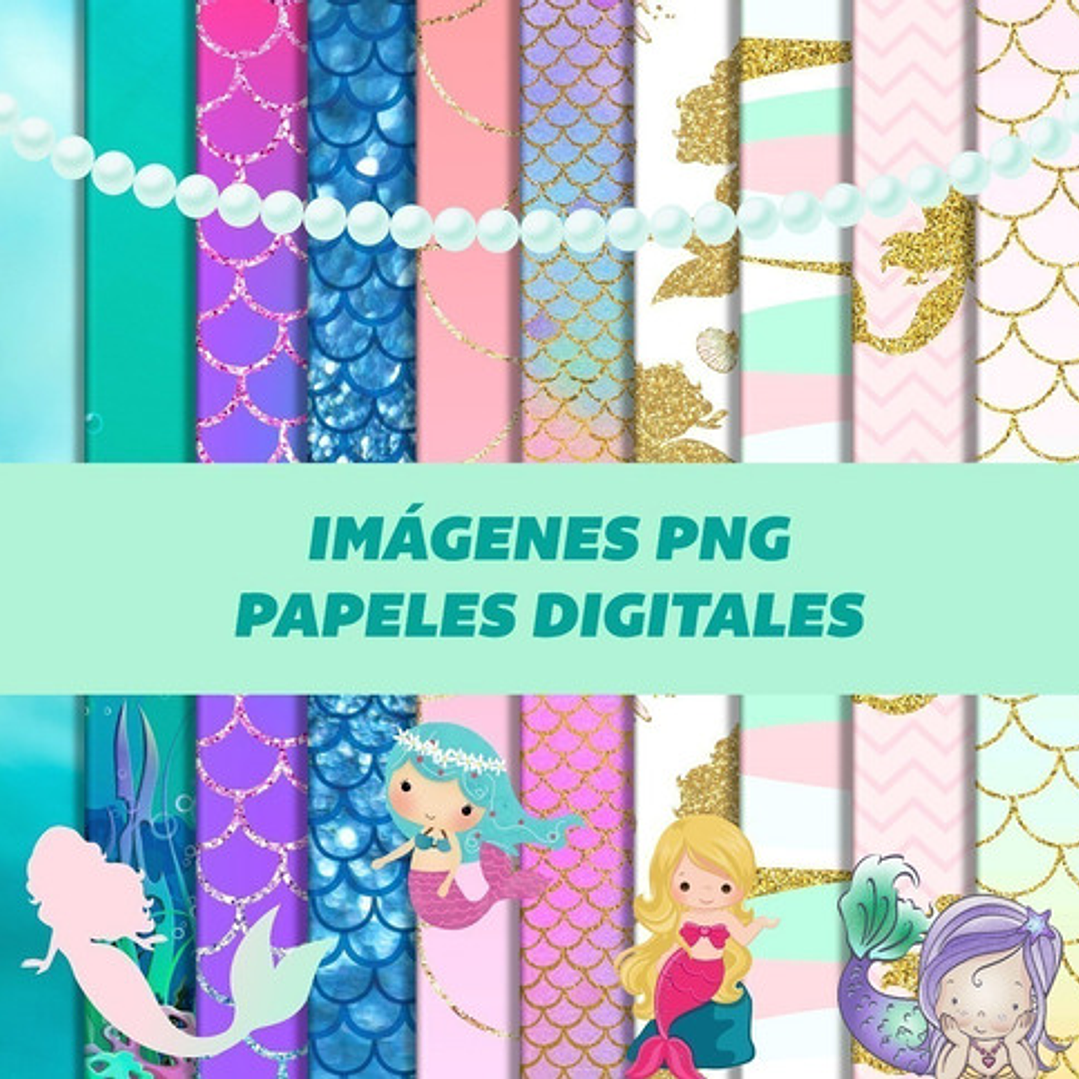 Kit Digital Colección Sirenas Clipart Png Papeles Digitales 2