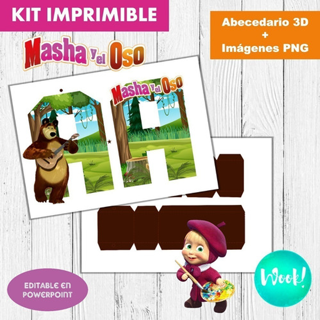 Kit Imprimible Letras 3d Editables Masha Y El Oso 2