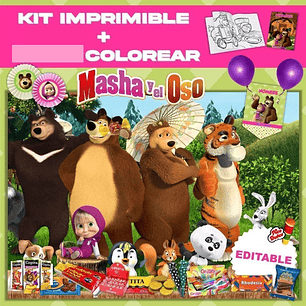 Kit Imprimible Masha Y El Oso Editable + Libro Para Colorear