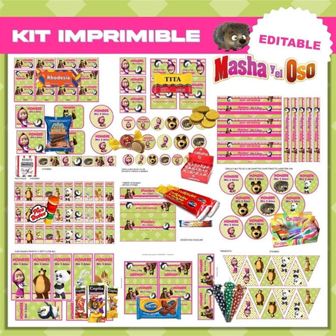 Kit Imprimible Masha Y El Oso Editable + Libro Para Colorear 2