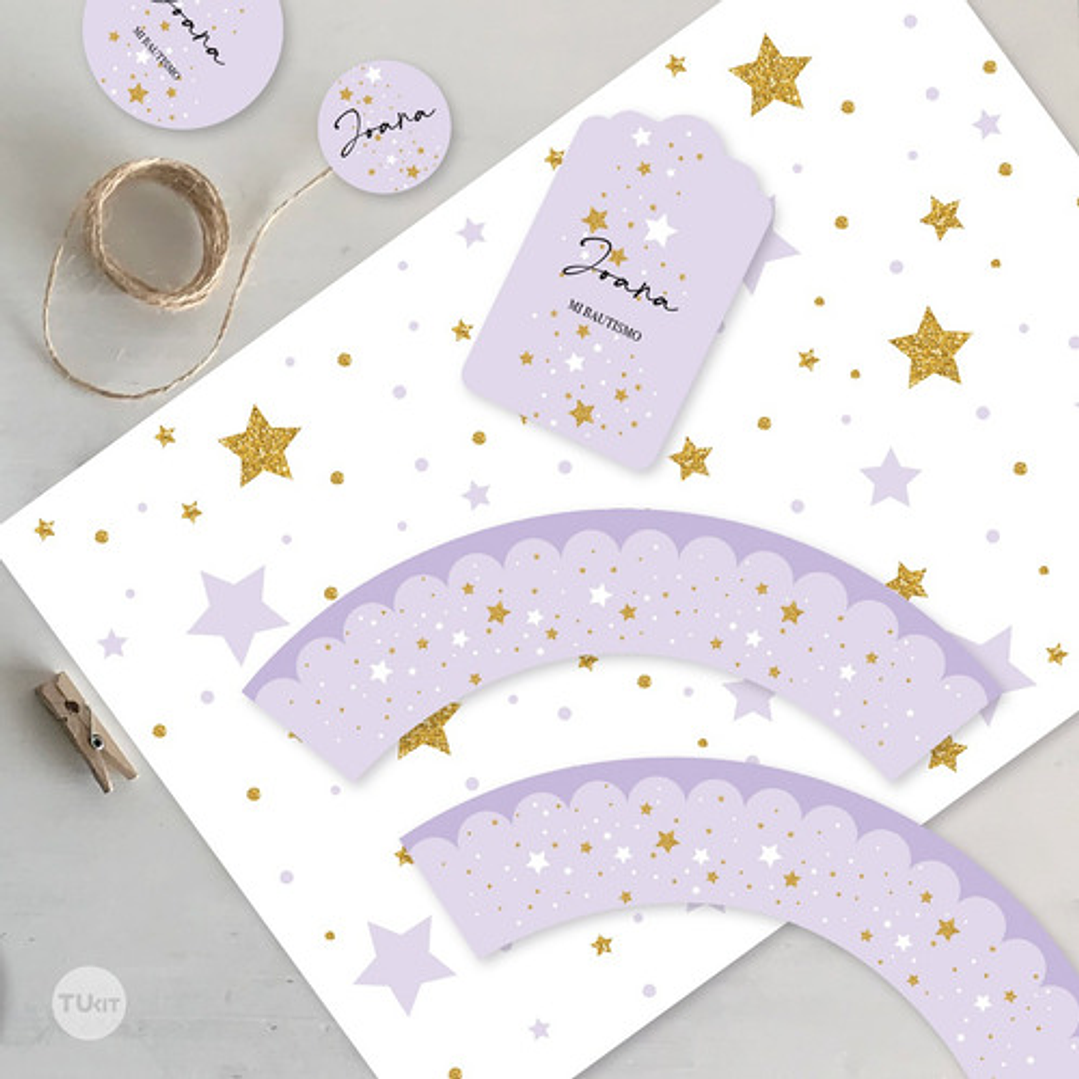 Kit Imprimible Estrellas Dorado Lila Tukit 9