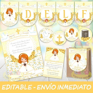 Kit Imprimible Comunión Nena Amarillo 100% Editable Candy