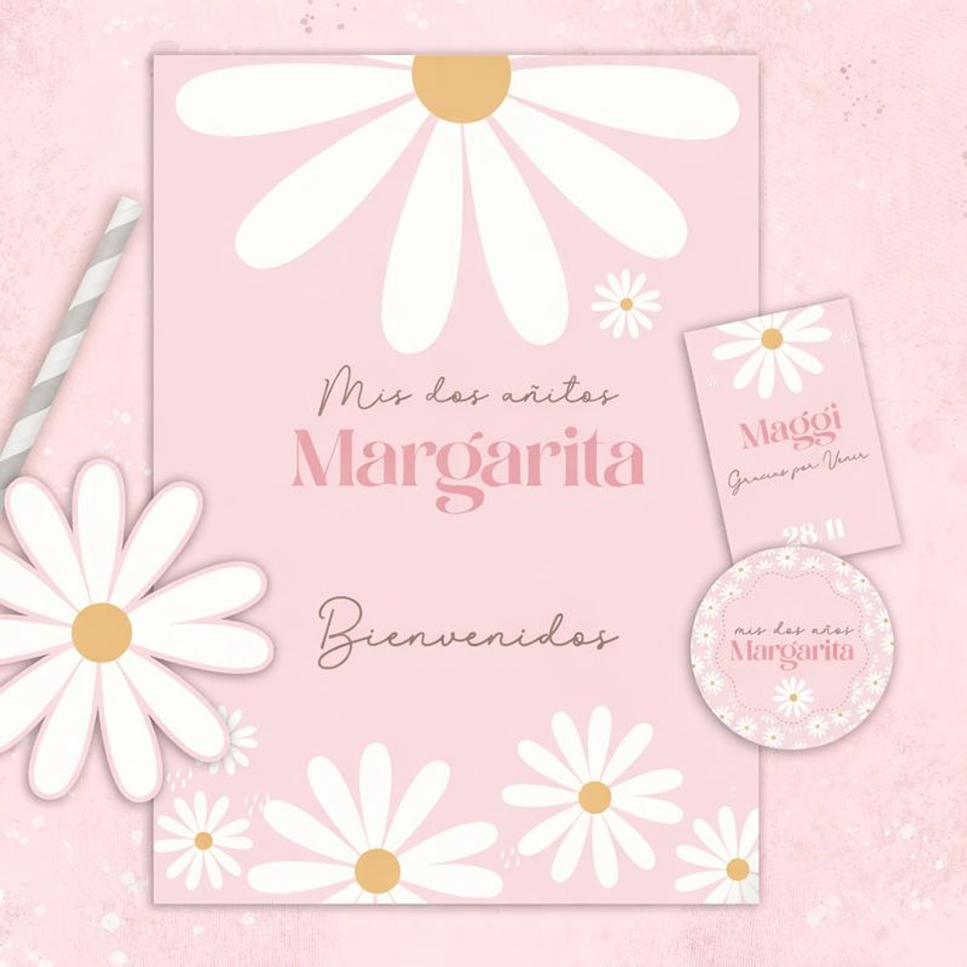 Kit Imprimible Margaritas Rosadas Editable en Pdf 2