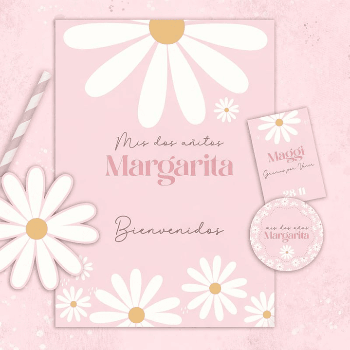 Kit Imprimible Margaritas Rosadas Editable en Pdf 2