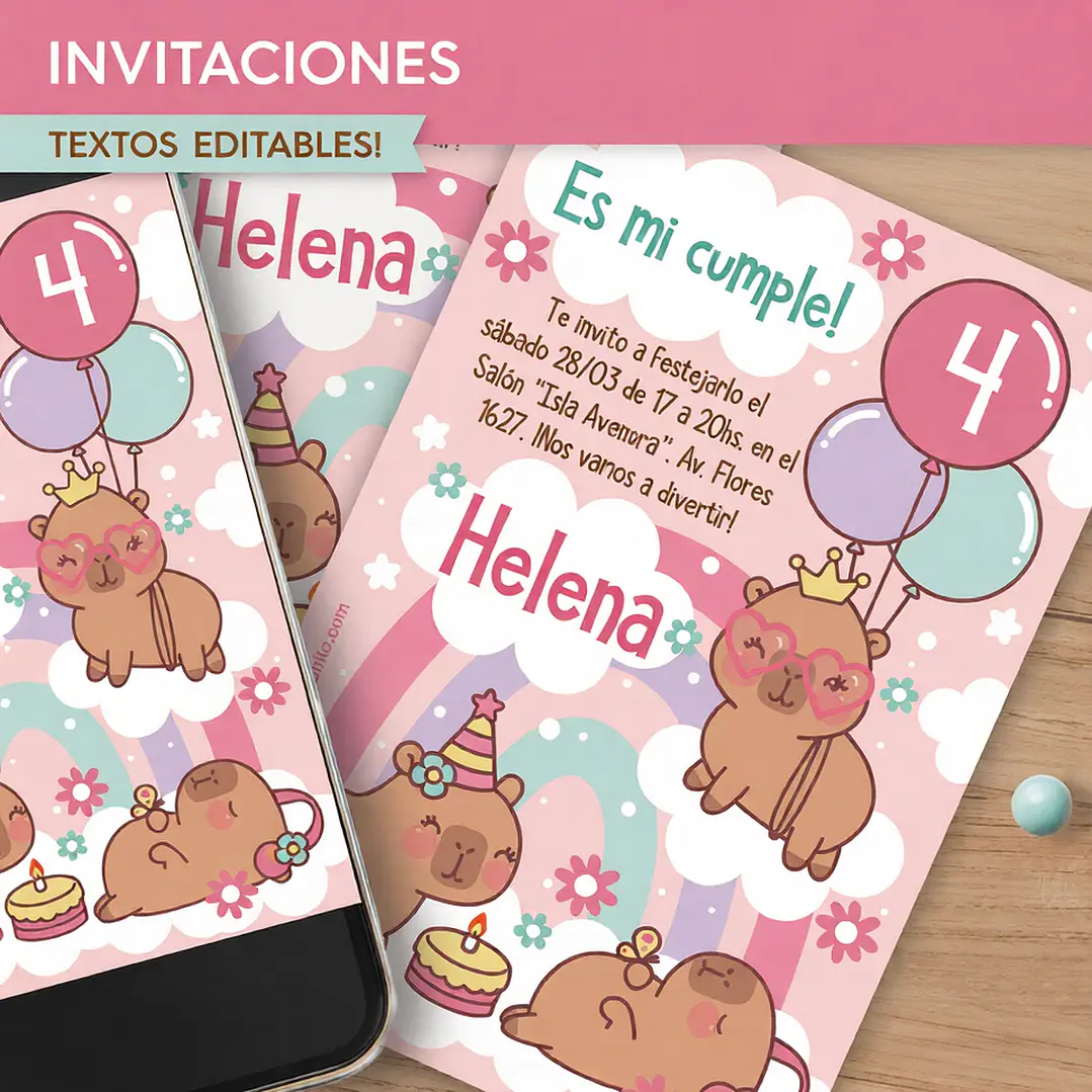 Capibara rosa: invitación imprimible y digital Descarga GRATIS 2