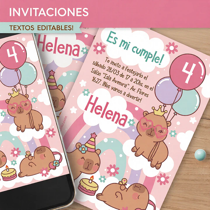 Capibara rosa: invitación imprimible y digital Descarga GRATIS 2